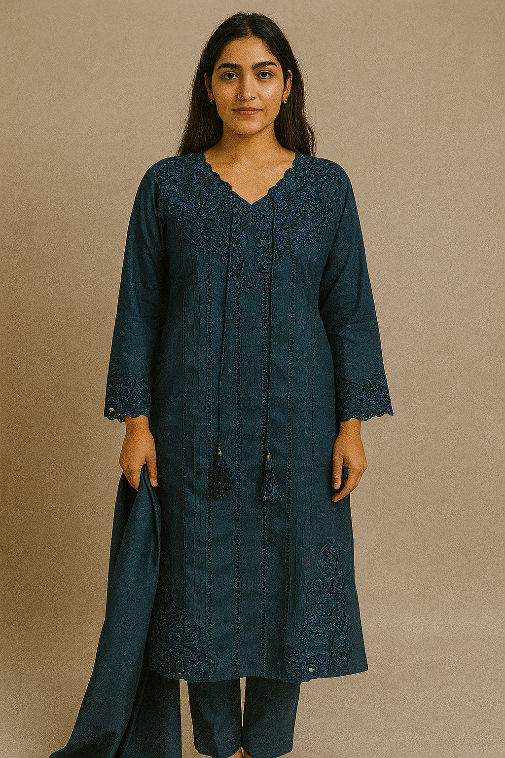 Teal Blue Chikankari Embroidered Suit Set with Tassel Details - 3 Piece